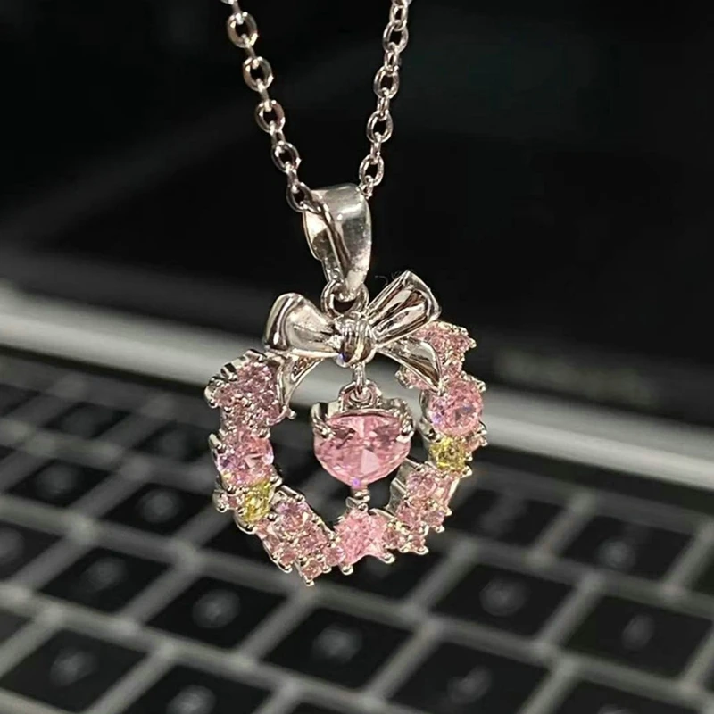 2024 Fashion Pink Zircon Bow Knot Heart Pendant Necklace Y2K Sweet Girls Women Clavicle Chain Necklace Jewelry Gifts