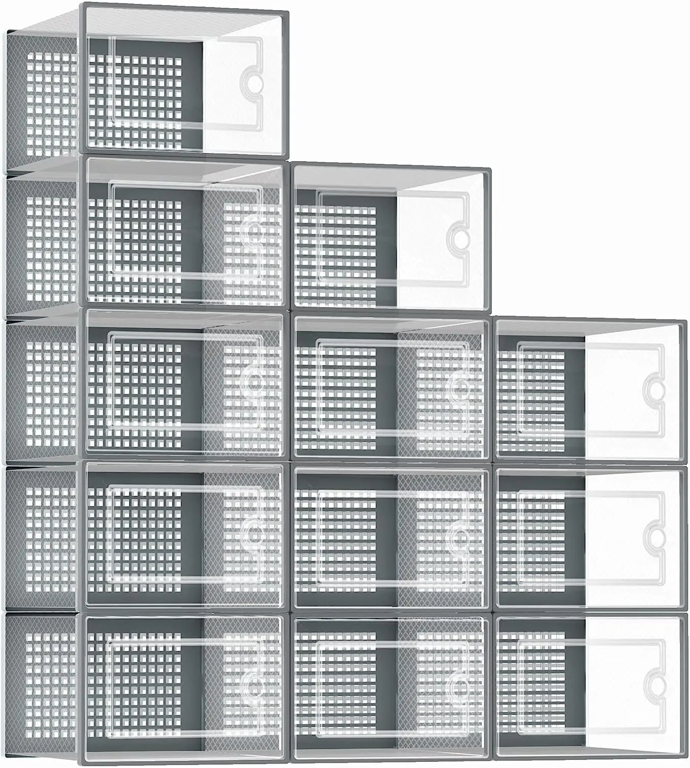 Clear Plastic Stackable Shoe Box 12 Pack, Hard Transparent Organizer Bin, Easy Assembly, Space Saving, Grey Frame, Customized