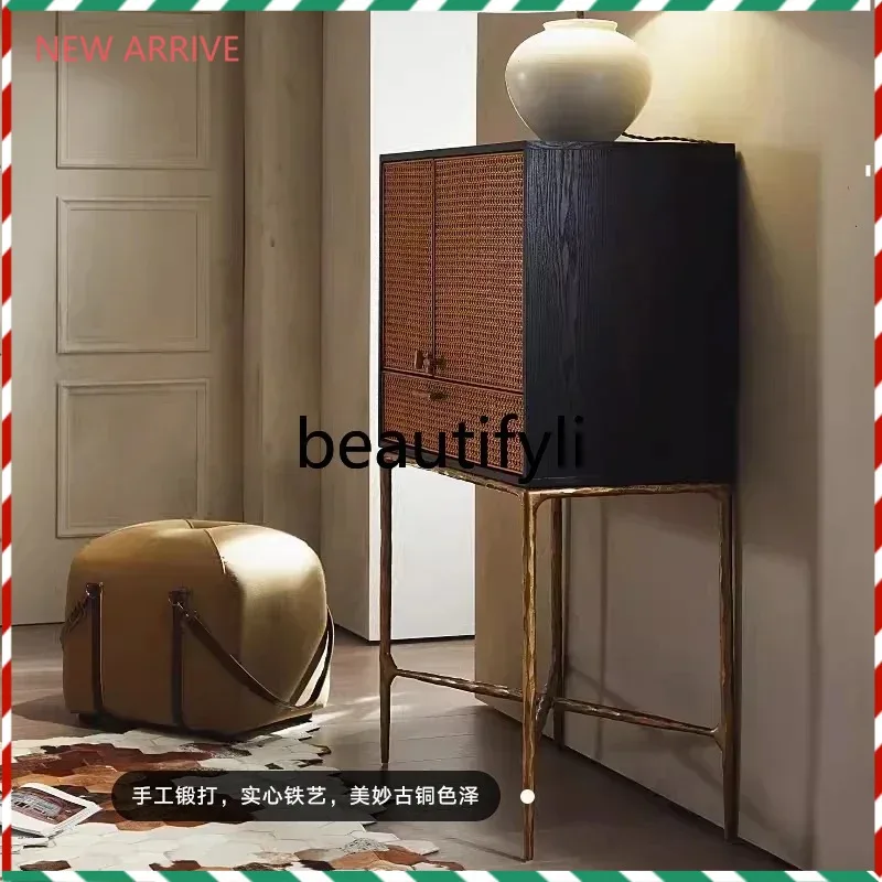 

D2520 Nordic modern designer furniture hand-forged wrought iron wine cabinet light luxury medium antique storage rattan high ca