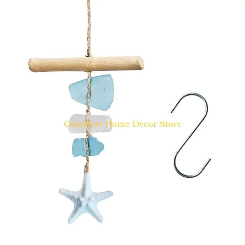 92MF Sea Glass and Driftwood Wind Chimes Handcrafted Windchimes Suncatchers Beach Coastal Decors for Home Garden Balconys