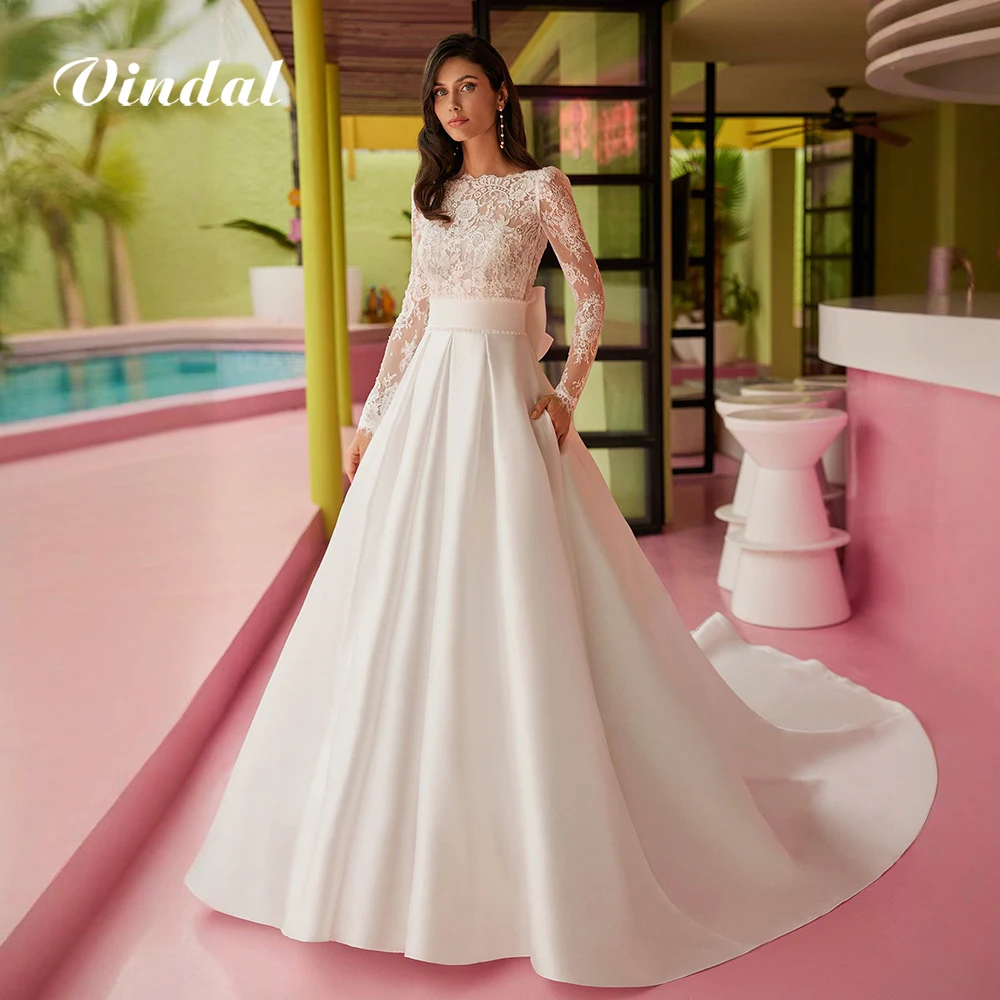 진달 모던 레이스 새틴 웨딩드레스, 진주 벨트, 긴 소매, 오픈 백, 우아한 플로어 기장, A라인 브라이덜 가운, 맞춤 제작 가능