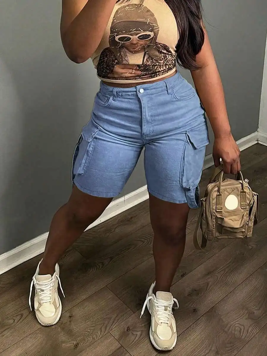 

Loose Straight Leg Multi Pocket Denim Shorts Women