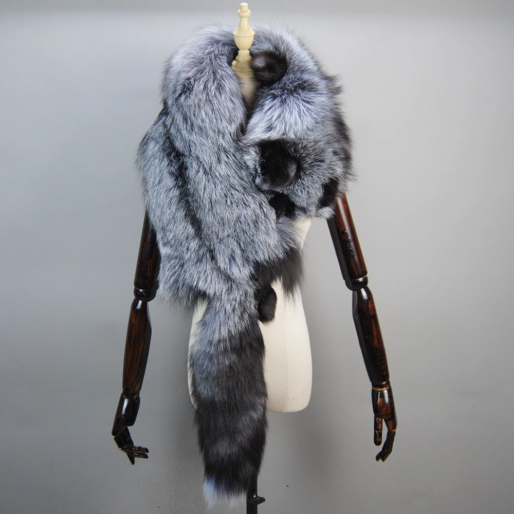 2024 Men\'s Real Fur Fox Scarf Woman Winter Warm Natural Fur Shawl Soft Headscarf Super big Gray Silver Fox Scarf Fur Accessories