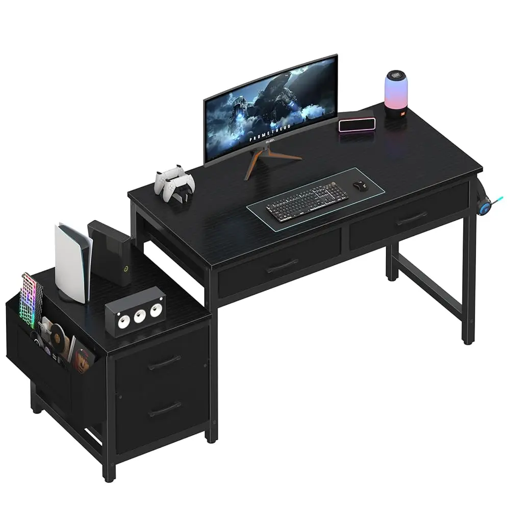 

Gaming Desk With Fabric File Drawers Cabinet, 57 H Home Office Desks With Reversible Filing Cabinet Printer Stand For Small