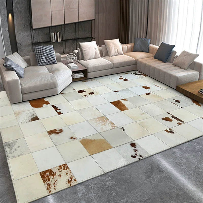 Modern Premium Cowhide Splicing Bedroom Carpet Home Docor Rugs For Living Room Natural White Plaid Floor Mat Customized Size Rug