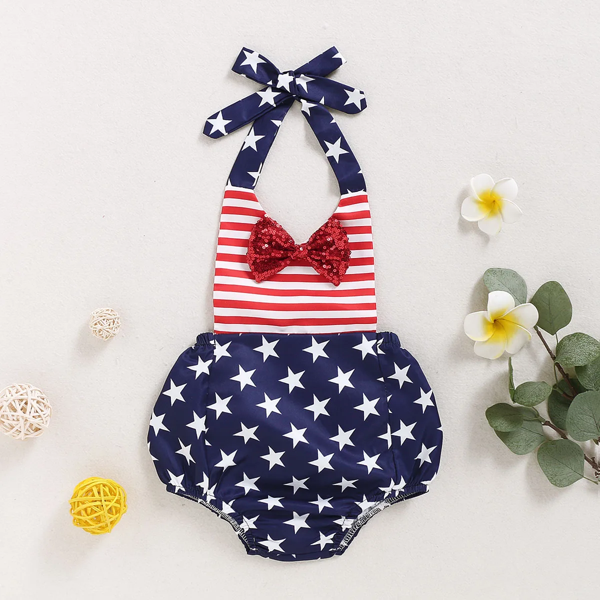 Infant  Patriotic Theme Sparkling Bow Detail Striped Stars Pattern Sleeveless Romper with Halter Neckline