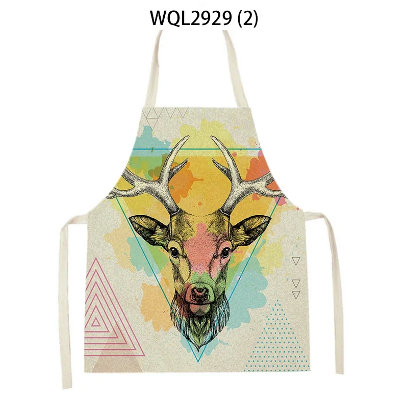 Cartoon Animal Deer Geometry Printed Kitchen Aprons Adult Kids Linen Bib Home Cleaning Apron Home Cooking Baking Accessories - view 3