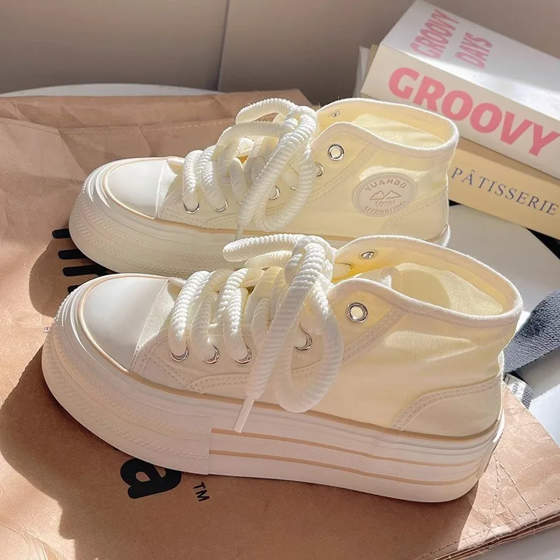 

Cream thick-soled high-top canvas shoes for women 2025 Summer New Niche Korean Style Thin Versatile White Sneakers for Women