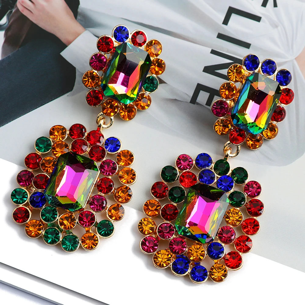 Bohemian Colorful Crystal Teardrop Large Dangle Earrings For Women Trendy Luxury Design Vintage Charm Pageant Pendant Jewelry