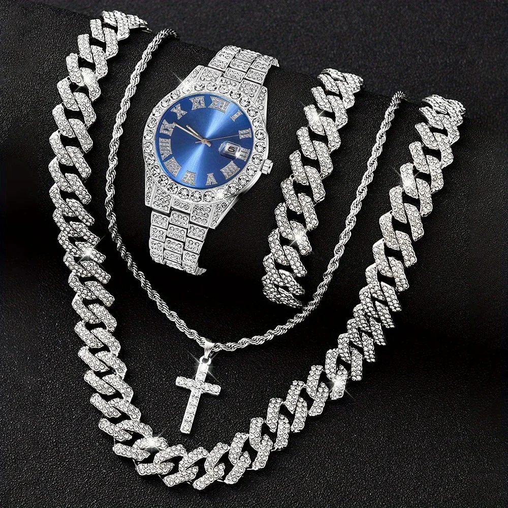 Conjunto de cadena de eslabones cubanos de 16mm Hip Hop Miami, collar + reloj + pulsera, joyería creativa helada brillante a la moda y elegante para mujeres y hombres