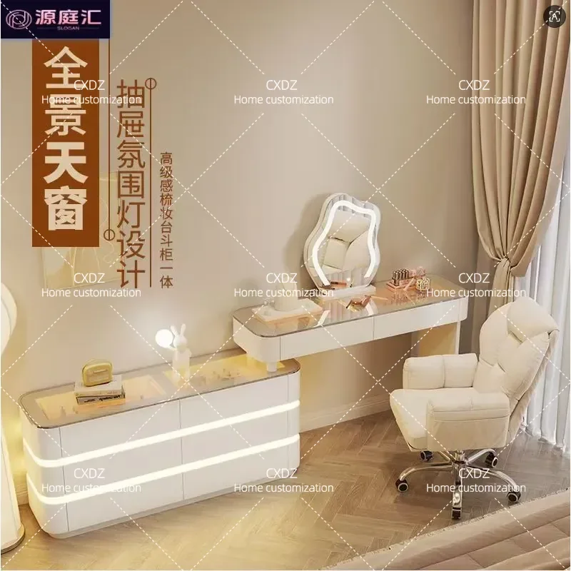 New Mirror Dresser with Integrated Vanity Table High End Solid Wood Chest Cabinet for Bedroom Simple Long Makeup Desk