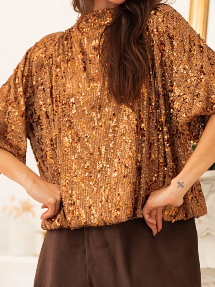 Simple Solid Color Half Sleeve Summer Top Tees Bow Tie Up Design Casual Party Blouses Sparkling Sequin Loose Women's T-shirt