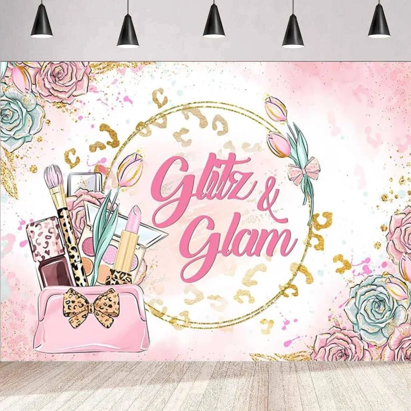 Makeup Spa Happy Birthday Photography Backdrop Glitz And Glam Pink Leopard Bag Floral Gold Circle Dots Girls Beauty Background