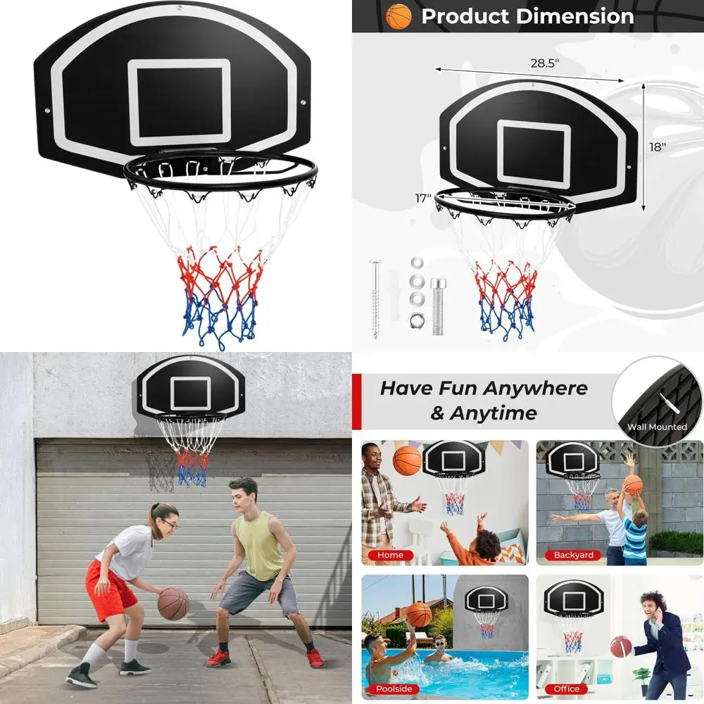 Großer 28,5 x 18 wandmontierter Basketballkorb mit 17-Rand, bruchsicherer Rückwand, Allwetter-Netz, Türinstallation bereit
