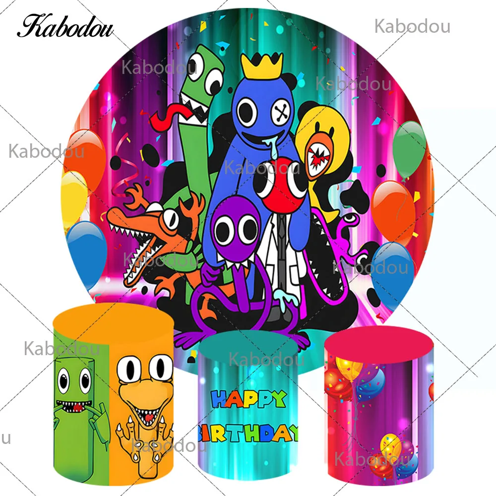 Kabodou Rainbow Friends Round Backdrop Cover For Boys Birthday Circle Photo Background Booth Cylinder Covers Vinyl Polyester