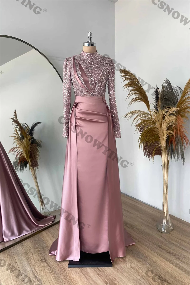 Satin Sequin Long Sleeve Muslim Evening Dresses Hijab High Neck Islamic Formal Party Gown Women Arabic Dubai Robe De Soiree