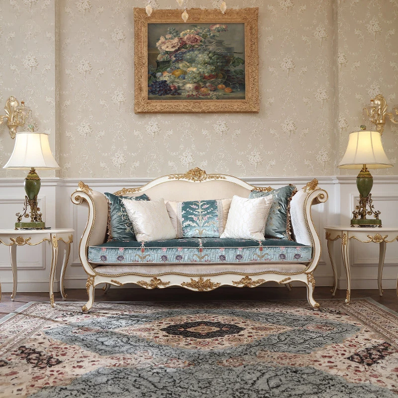 Hand Carved French Royal Classical Furniture Luxury Living Room Fabric Upholstered Classic Double Seat Wooden Sofa