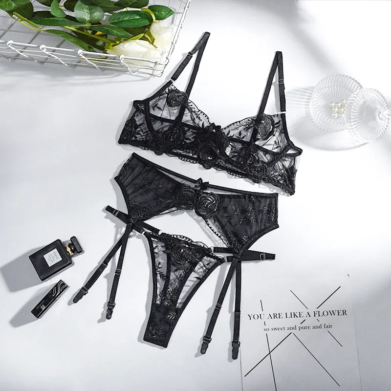 Sexy Bra Set Transparent Lace Bra Set Women Sheer Temptation Exotic Sexy Lingerie Set Ladies Flroal Black Bra Underwear Set