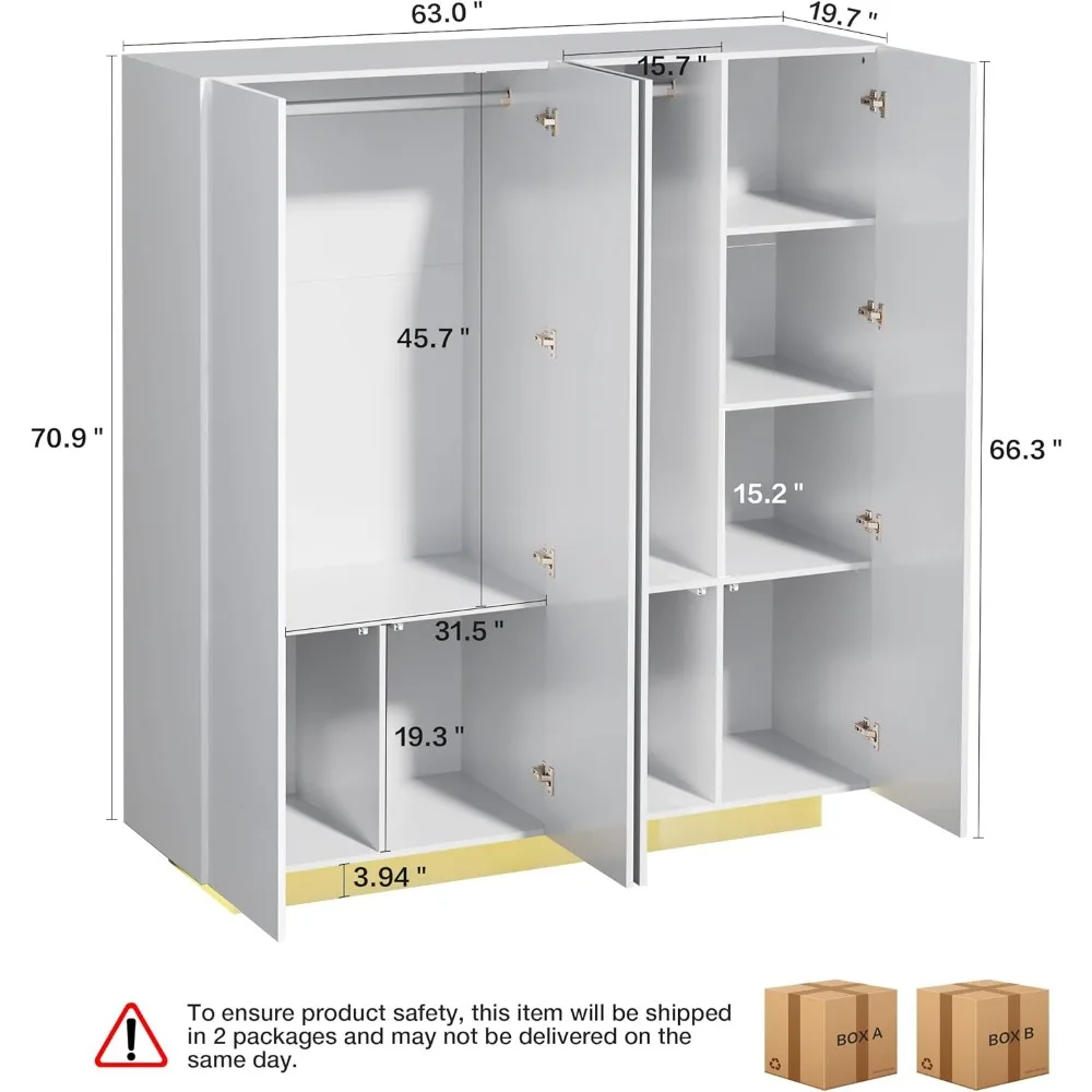 Bedroom Armoire Wardrobe Closet with Light and High Gloss Doors,4 Pop Out Doors,Wooden Wardrobe Closet Shelves,a Hanging Rods