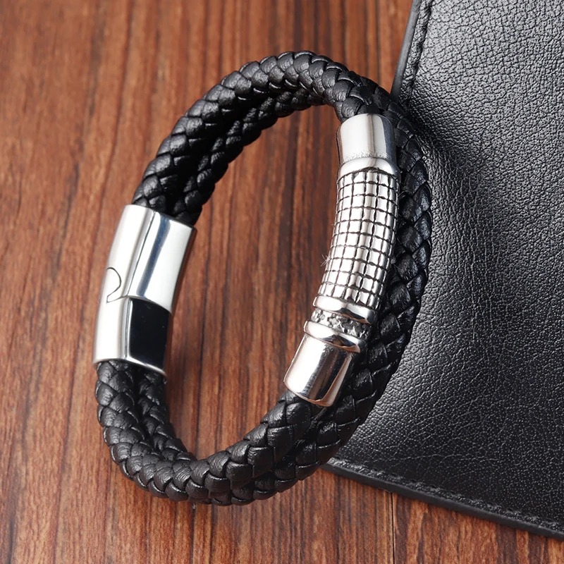 Luxury Vintage Handmade Leather Braid Men Bracelet Stainless Steel Buckle Business Men\'s Bangles For Friend Partner Lovers Gift