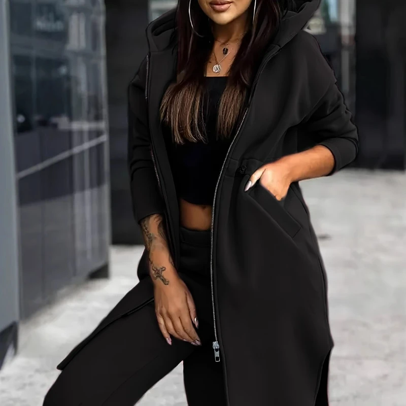 

Комплекты брюк из двух предметов, женская толстовка с капюшоном на молнии, брюки-карандаш, костюм, однотонная верхняя одежда с карманами, спортивная обычная осень 2025 г.