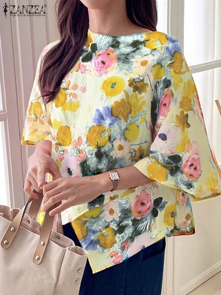 

ZANZEA Fashion Women Blouse Floral Print Bohemian Tops 2025 Summer Vintage 3/4 Bat Sleeve Asymmetrical Shirts Casual Loose Blusa