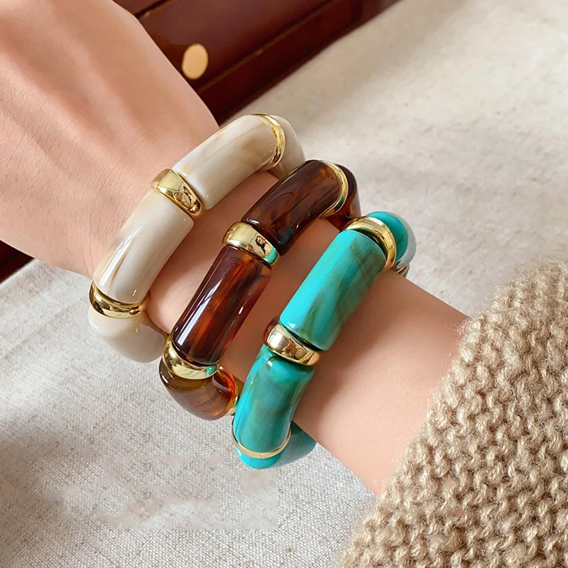 

Vintage Multi-colour Acrylic Bead Bracelet Bangle for Women Charm Curved Bamboo Pipe Stone Grain Bracelet Jewelry Accessory Gift