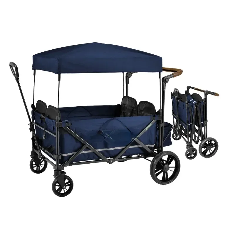 Quad Stroller Wagon (4 Seater) - Collapsible Wagon Stroller with Seats with 5-Point Harnesses, Adjustable Push Handle