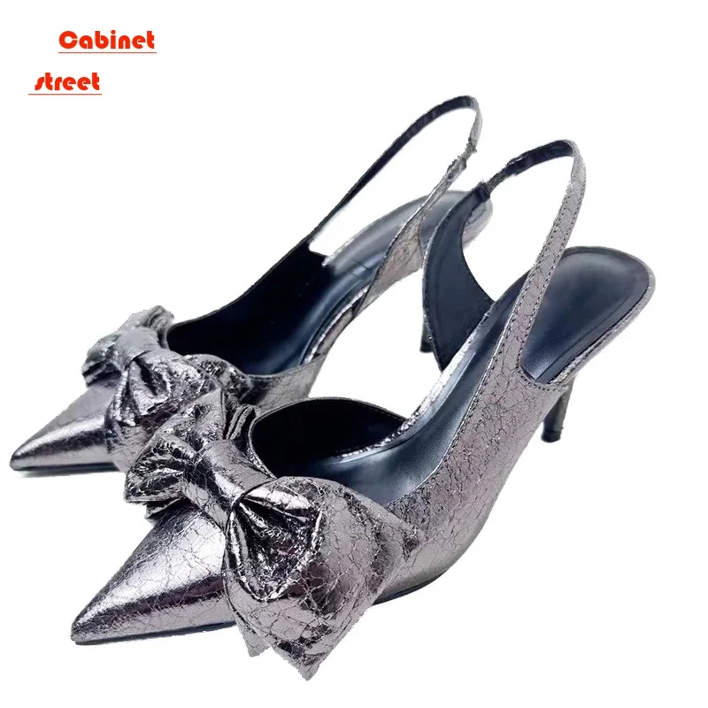 

2024 Bow Mid Heels Pumps Women Shoes Pointed Toe Patent Leather Stilettos Slingbacks Brownish Red Temperament Party Sandals