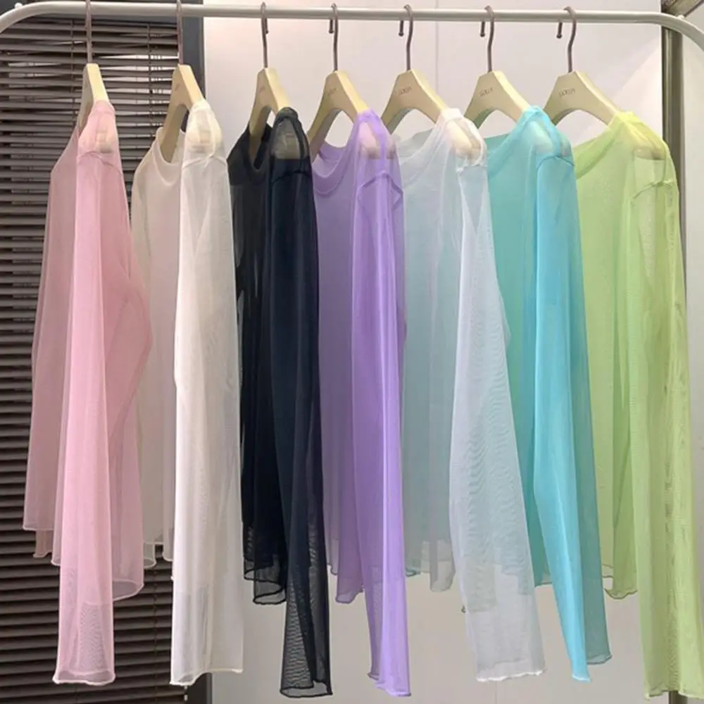 

Cool Tops Sweet Blouse Pullover T-Shirt Tees Tunic Transparent Bottoming Long Sleeve Clothes Summer Women Undershirts Thin Tops