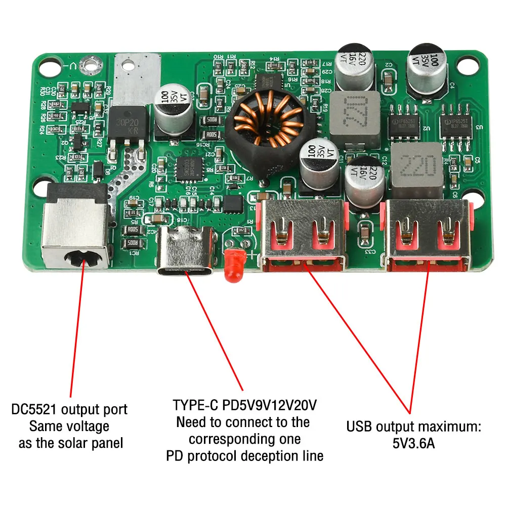  PD 100W Solar Voltage Regulator Controller 9V-30V with Dual USB Fast Charging Type-C DC ports DIY Voltage regulator kits