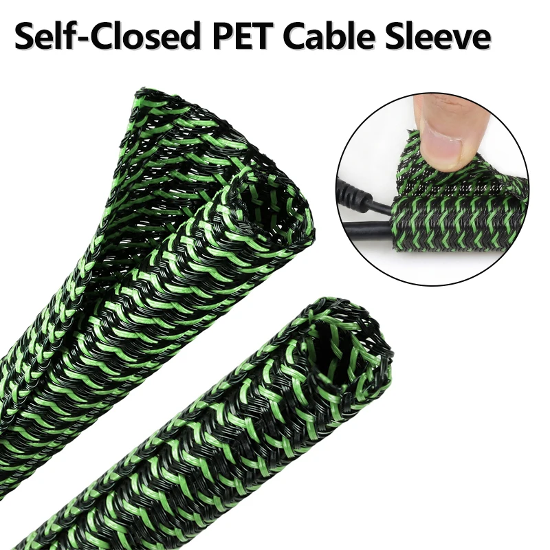 2/5/10M Green-Black PET Expandable Self Closed Cable Sleeve 8mm ~ 25mm Split Insulated Heat Resist Split Line Protector Sleeve