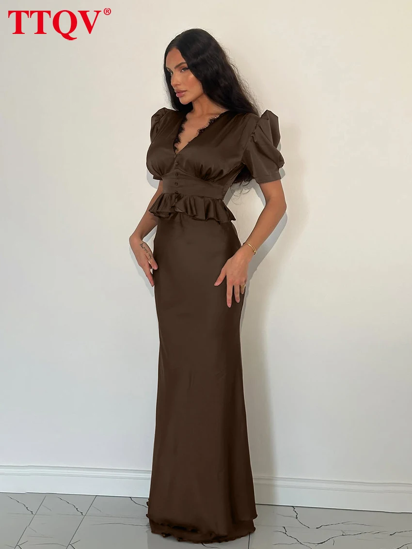 

TTQV Summer Slim Brown Satin Women's Two Pieces Set 2026 Sexy Short Sleeve Shirt With High Waist Maxi Skirt Set Female Clothing
