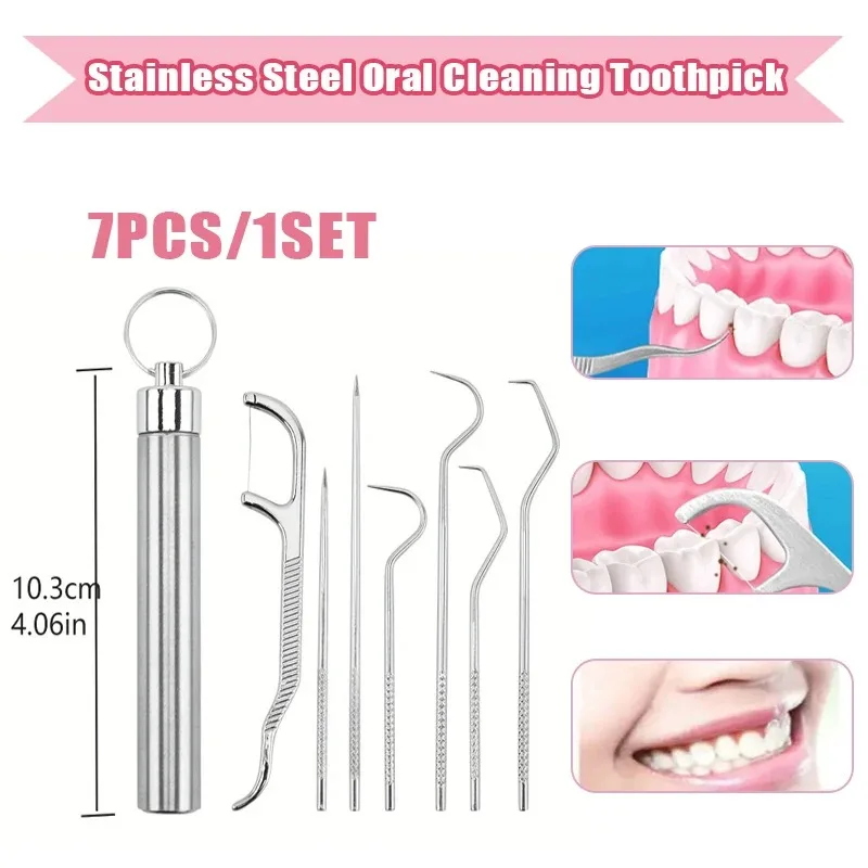 

7pcs/set Stainless Steel Toothpick Set Tooth Flossing Reusable Toothpicks Portable Toothpick Floss Teeth Cleaner Oral Cleaning