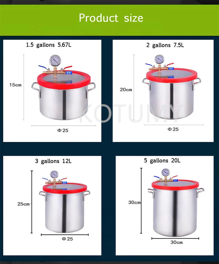 5 Gallon 20L Stainless Steel Vacuum Degassing Chamber Vacuum Defoaming Barrel For Silicone Resin AB Adhesive 25x25CM Acrylic Lid