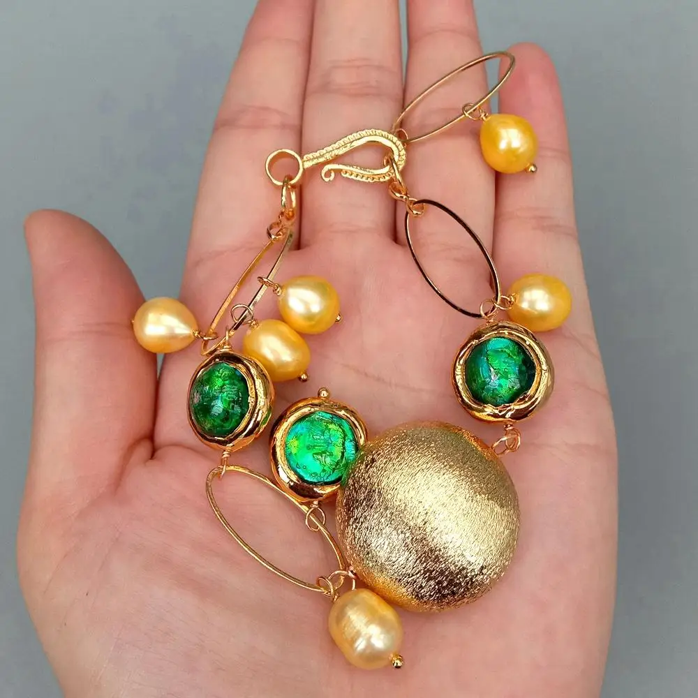 KKGEM  26mm Brushed Beaded  Cultured Golden Rice Pearl 16mm Green Murano GlassBracelet For Women