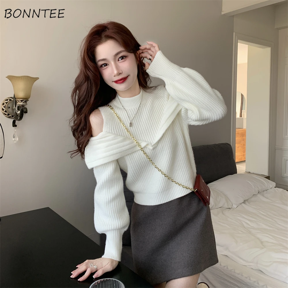 Off Shoulder Pullovers Women Knitwear Jumpers Elegant Half High Collar All-match Slouchy Loose Design Autumn Daily Commuting Ins