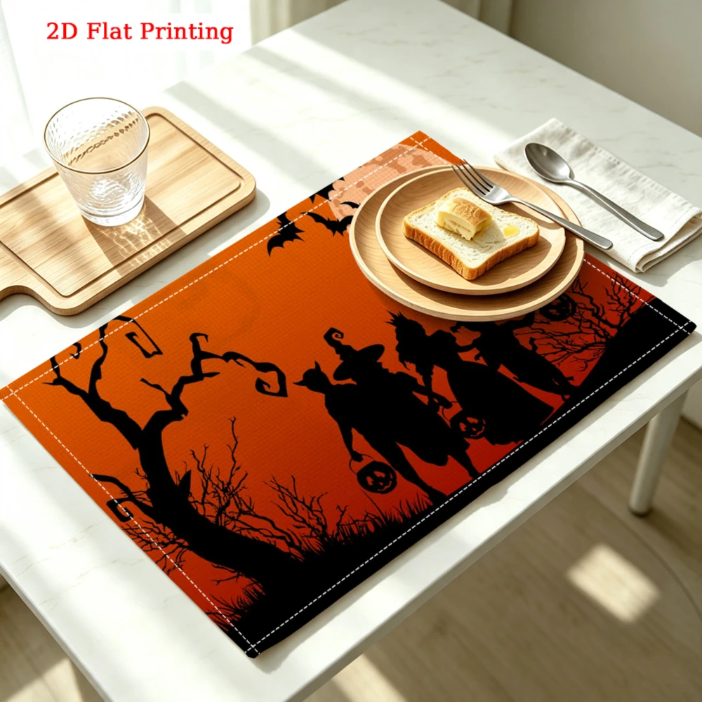 1Pc Halloween Silhouette Placemat Orange Black Witch Tree Print Table Mat Kitchen Dining Decor Protection 30X40Cm