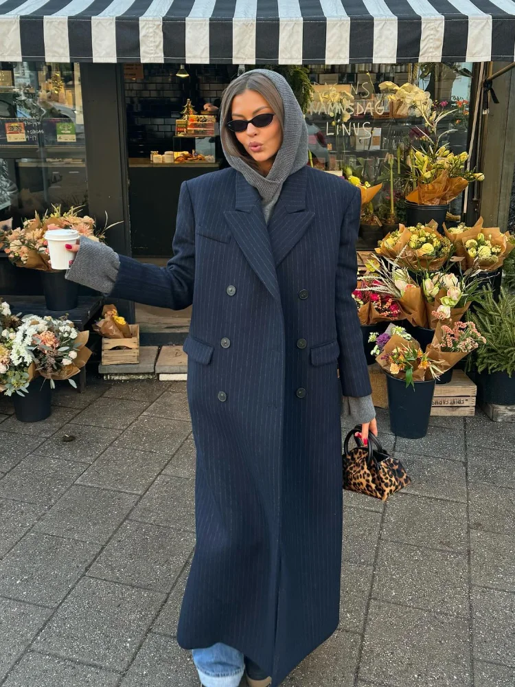 Fashion Vertical Stripes Women Blazer Overcoat Chic Lapel Long Sleeve Double-breasted Jackets Autumn Office Lady Commuting Coat