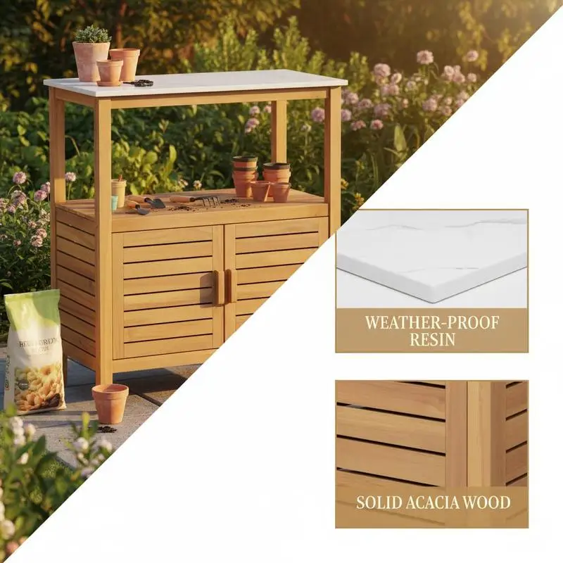 Outdoor Potting Bench Acacia Wood Garden Potting Table Planting Work Bench Station with Louvered Doors - view 3