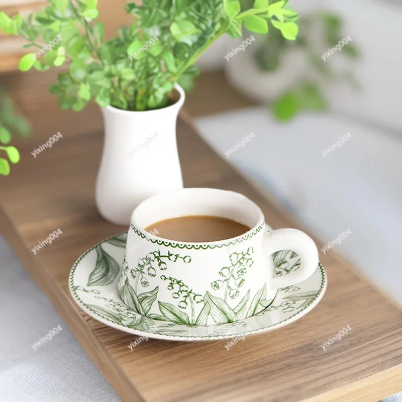 Nordic Style Ceramic Coffee Cup Saucer, Fresh Floral Water Mug For Home Breakfast