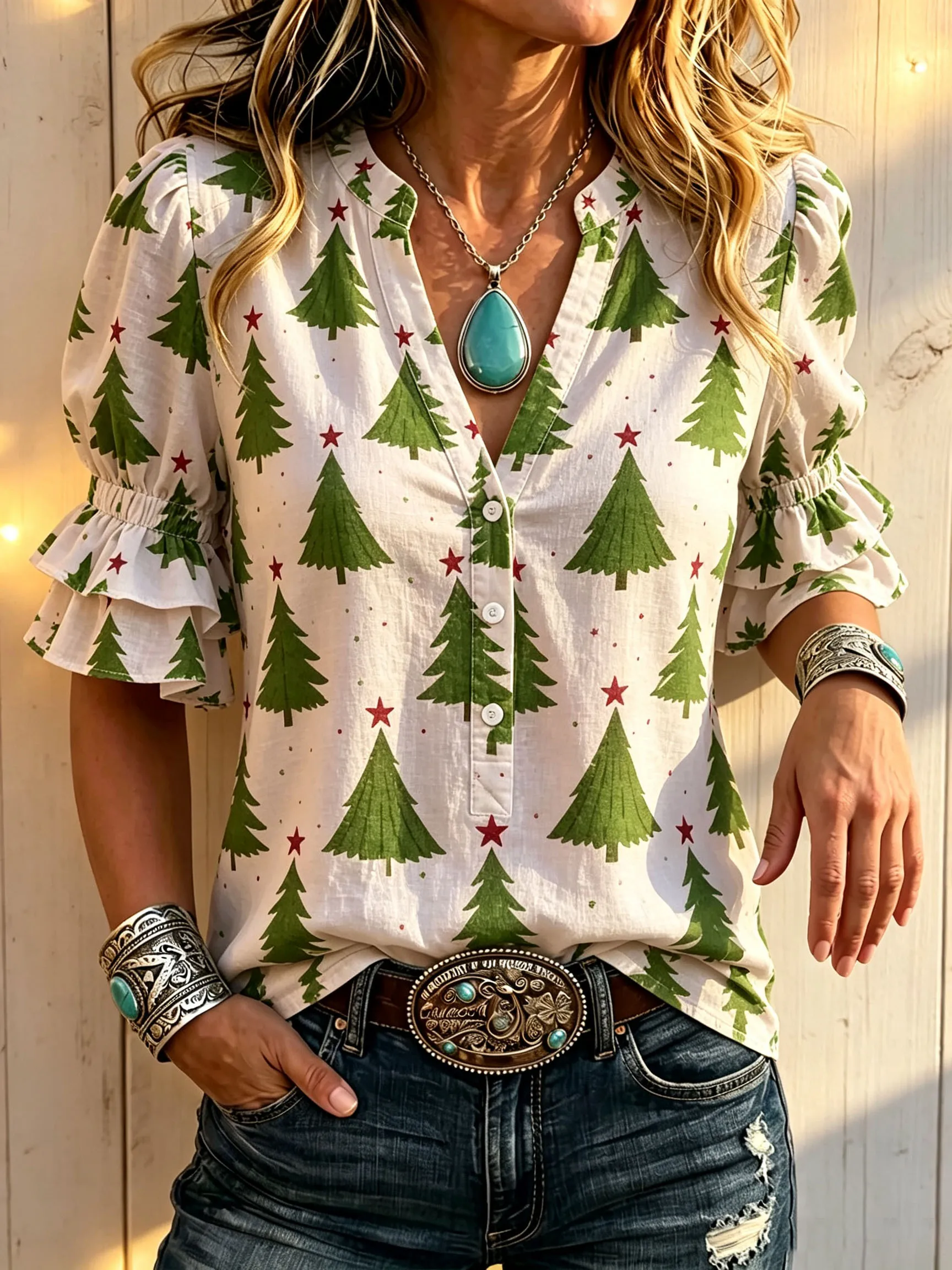 Women V‑Neck Ruffle Short Sleeve Blouse Christmas Tree Star Print Button Decor Loose Fit Bohemian Western Casual Daily Top