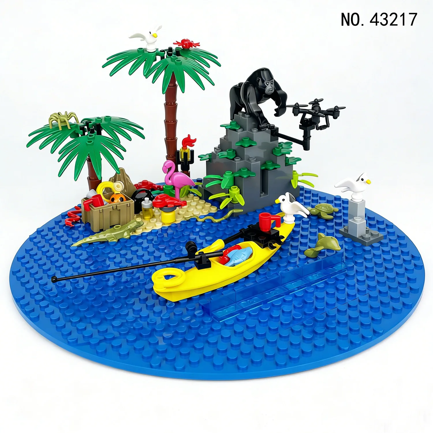 

DIY Building Block Toy Assembly Resort Scene Model Animals Coconut Trees Rockeries Island Boats and Deck Board Accessories