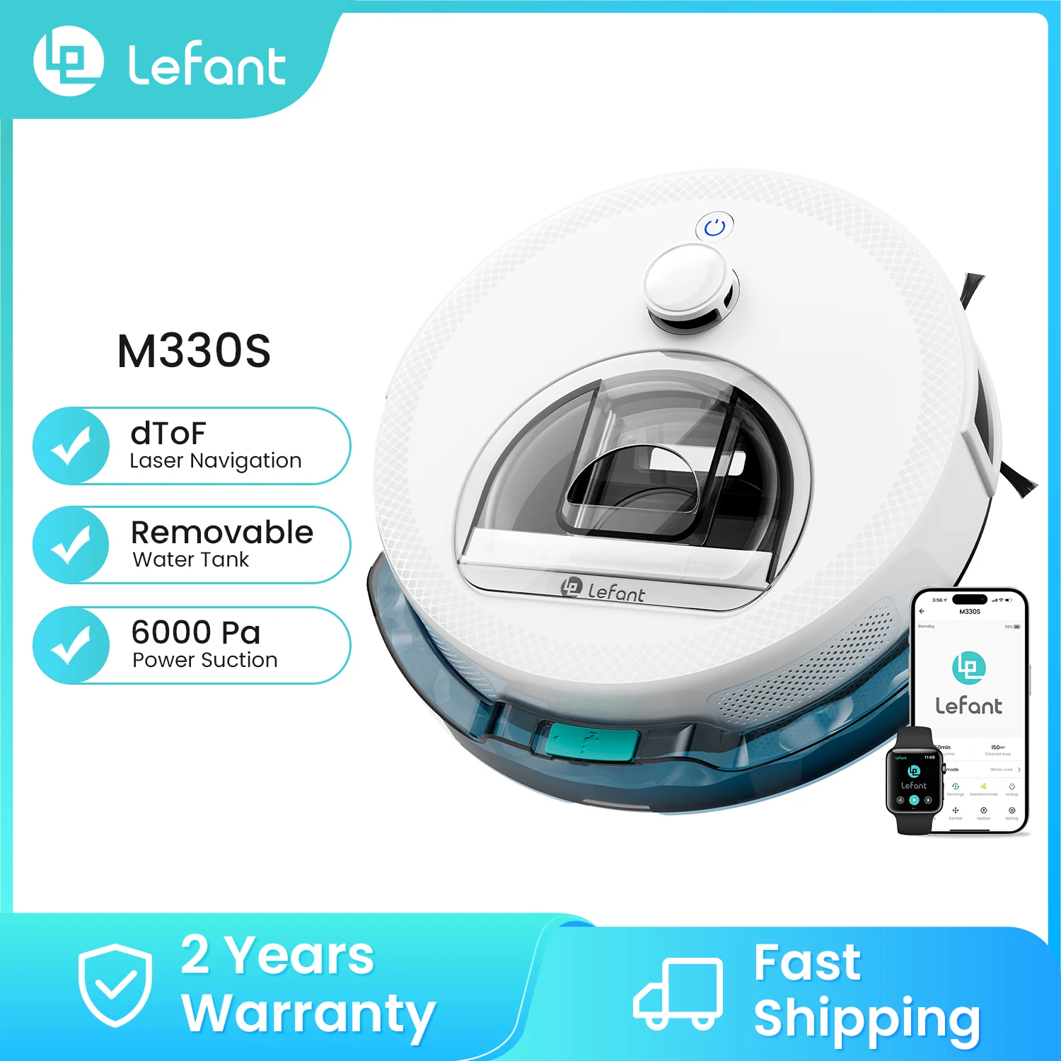 Lefant M330S Robot aspirapolvere 3 in 1, aspirazione 5000Pa, navigazione DToF, mappatura, zone virtuali, PSD per l'evitamento degli ostacoli, 150 min, connessione tramite Alexa/APP/WiFi