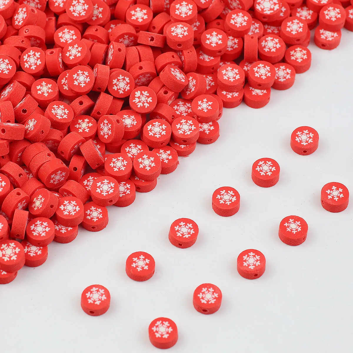 Snowflakes Pattern Red Polymer Clay Flat Round Loose Beads For Jewelry Making DIY Charms Christmas Accessories 10MM 50-300pcs