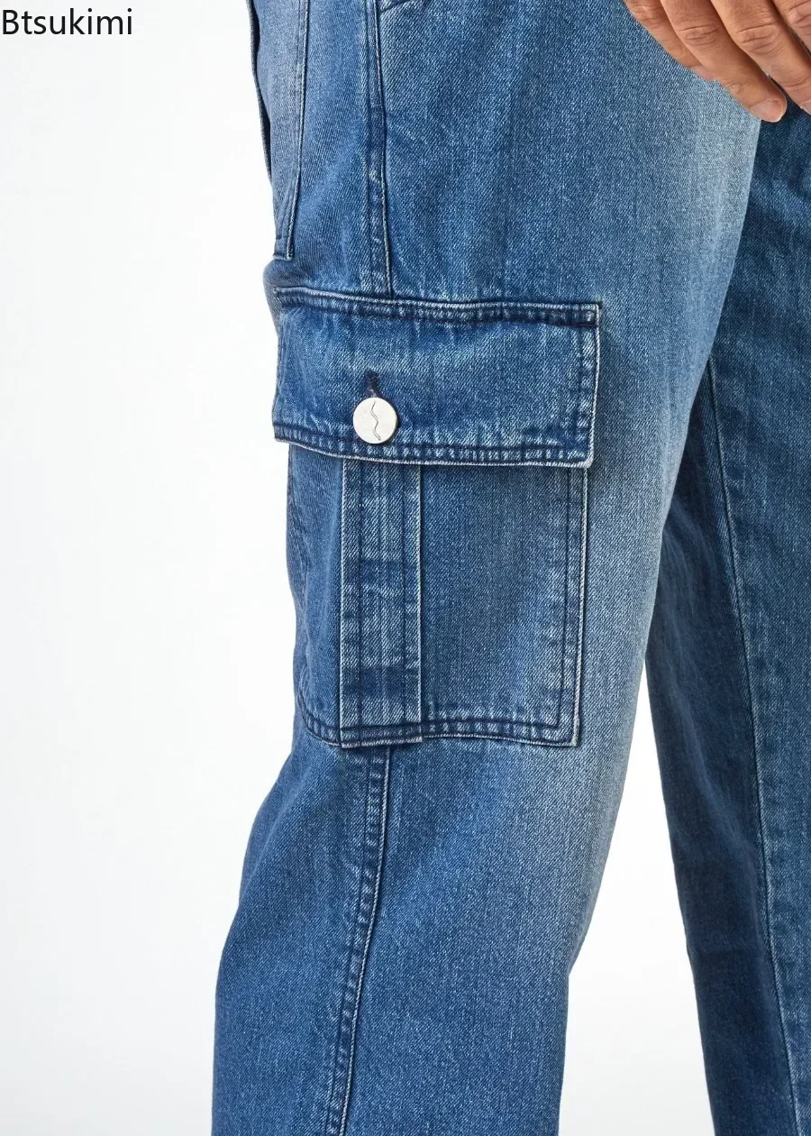 2025 Men's Denim Straps Long Pants Multiple Pockets Men Denim Bib Blue Cargo Pants Fashion Pocket Jumpsuits Casual Jeans for Men