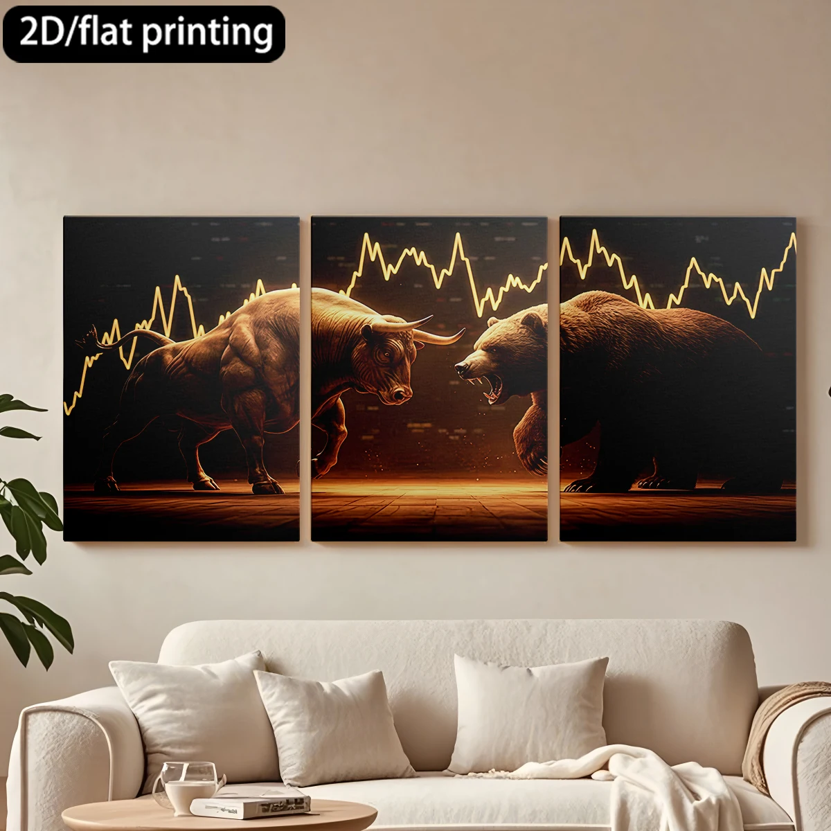 

2D плоская печать, набор из 3 картин на холсте в деревянных рамах: Декоративная картина «Бык и медведь», график фондового рынка. Декор для коридора и спальни.