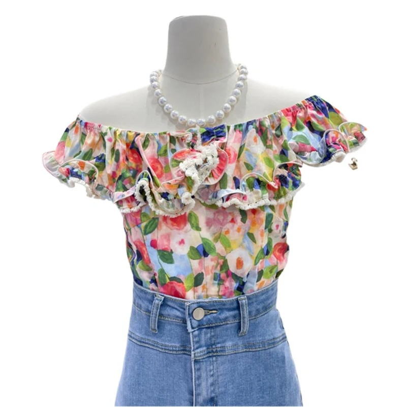 

Summer Cotton Girlish Printed Crop Tops Tassels Design Sense Slash Neck Hotsweet Slim Party Chic Shirts Blouses Camisa mujer