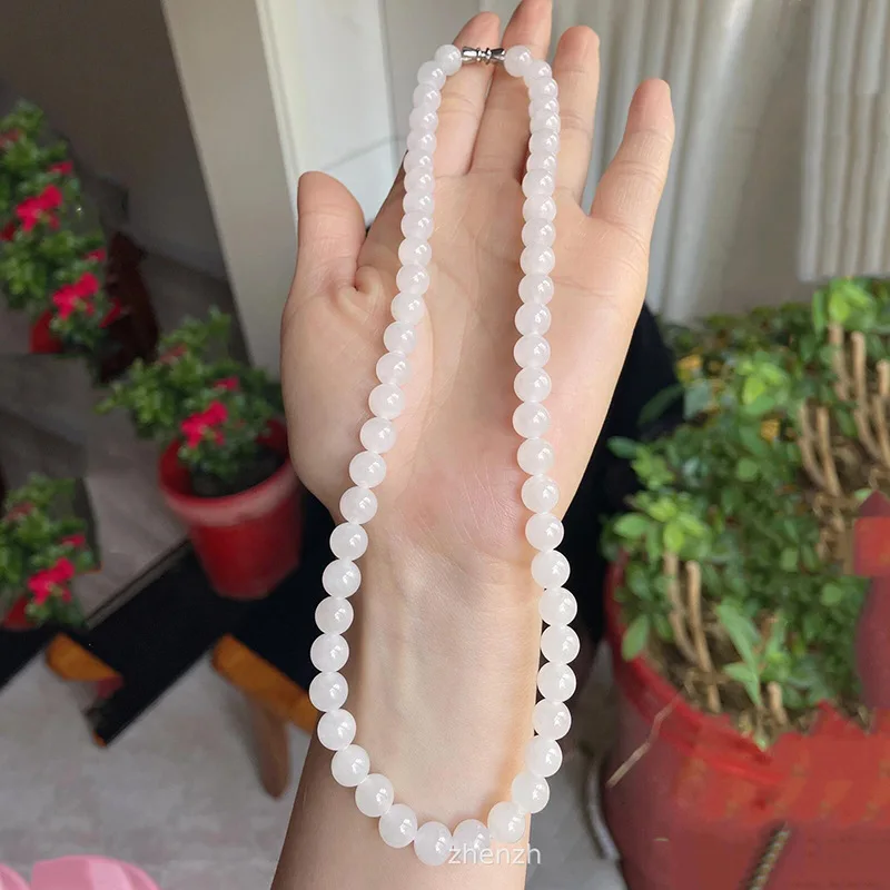 Women'S Hetian White Round Bead , Sheep Fat Jade Stone Bracelet, Icy Smooth Necklace