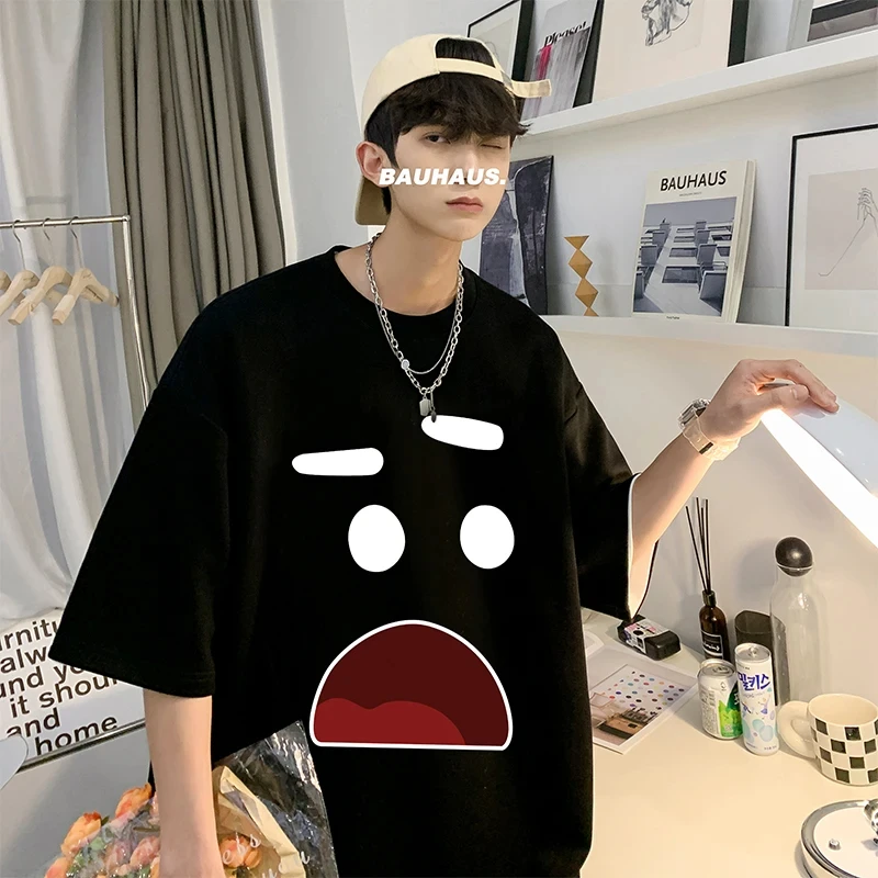 Korean Men's Cotton Oversized T-shirts  Mens T Shirt Casual Summer Wear Emote Fashion Print White Tee Shirts for Men Clothing